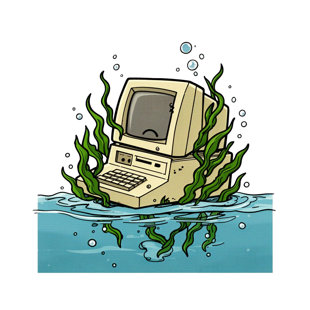 A sad sinking old desktop computer covered in seaweed